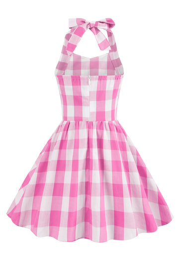 Halter Plaid Sleeveless Pink Vintage Girl Dresses